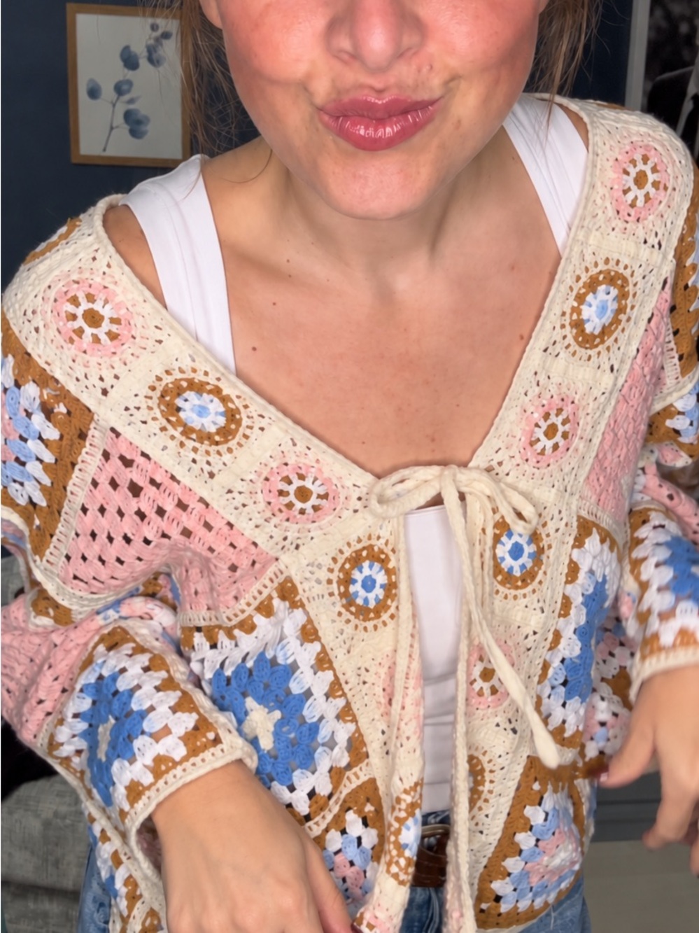 POL Crochet Granny Square Tie-Front Cardigan in Cream, Pink, Blue, Brown